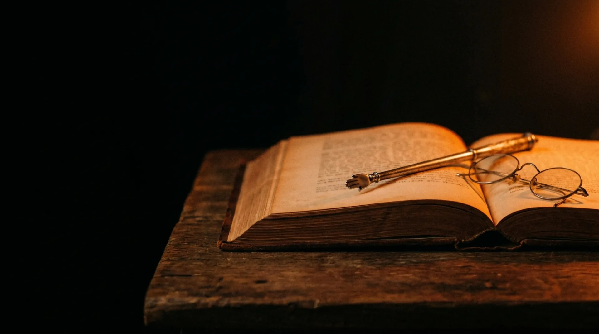 An open study volume with a silver Torah pointer and reading glasses under a warm lamp