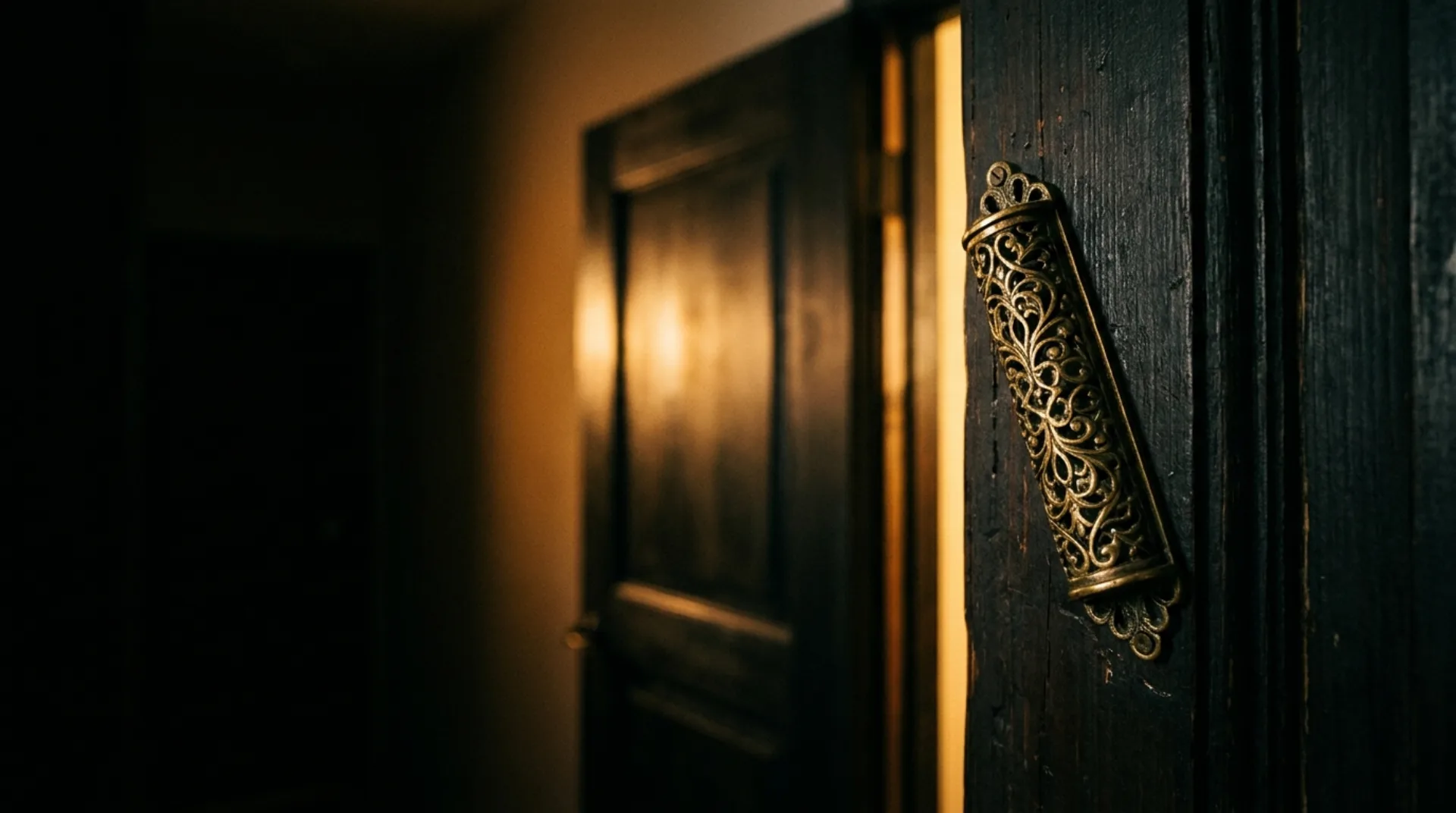 A brass mezuzah on a doorpost with warm light spilling through the open door