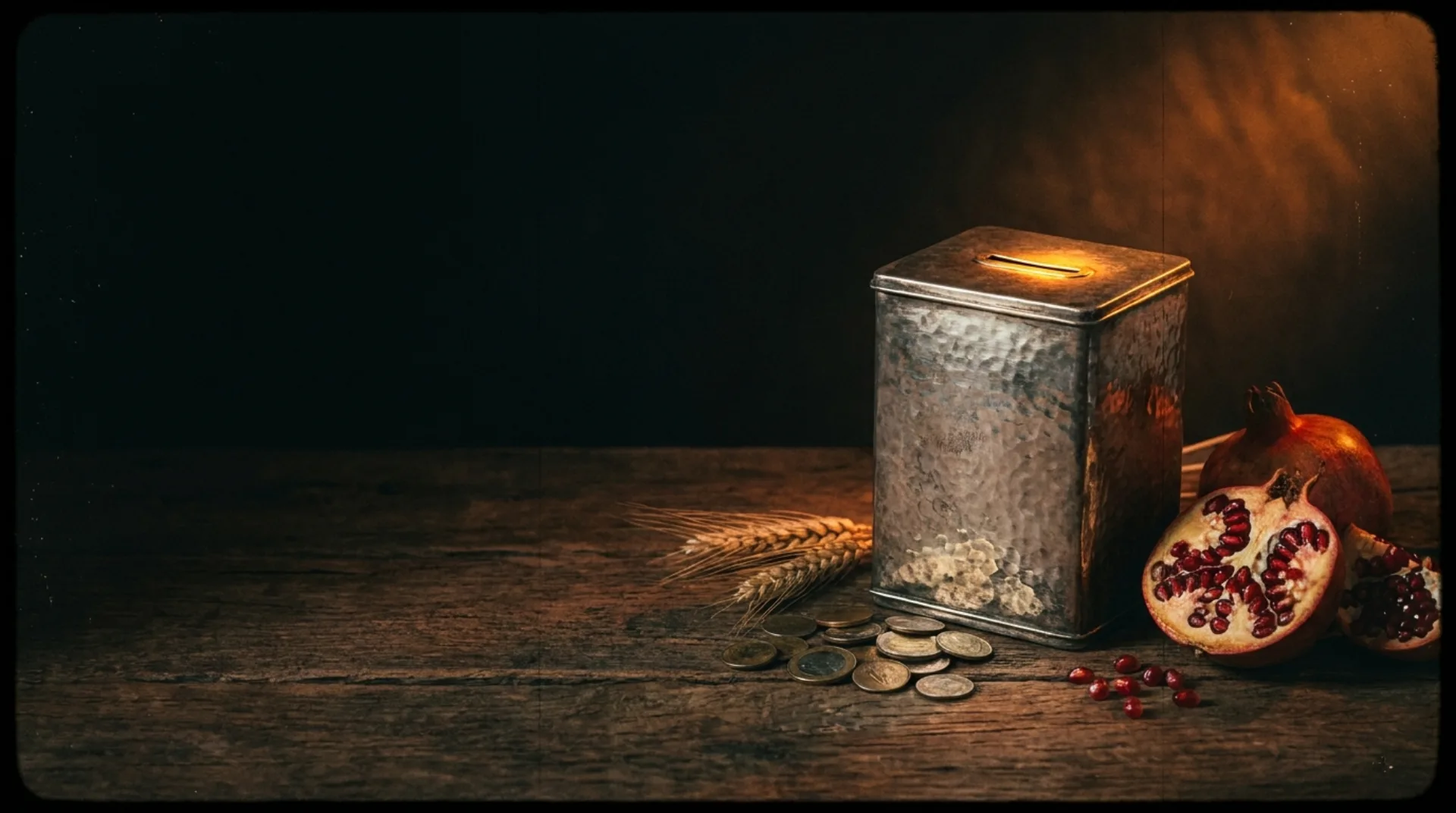 A tzedakah charity box, coins, wheat and pomegranates lit in warm light