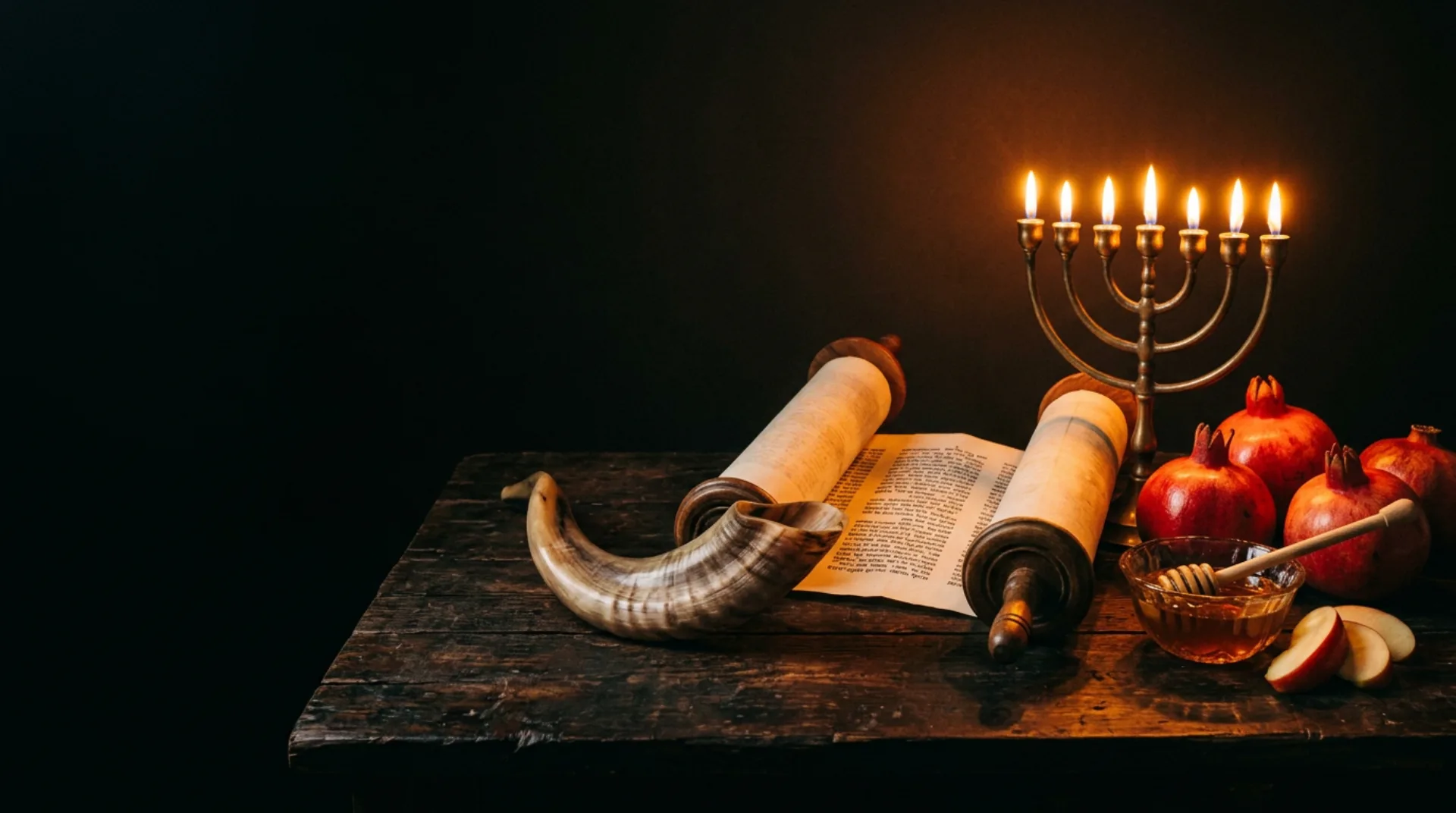 A shofar, open Torah scroll, lit menorah, pomegranates and honey set for the high holy days